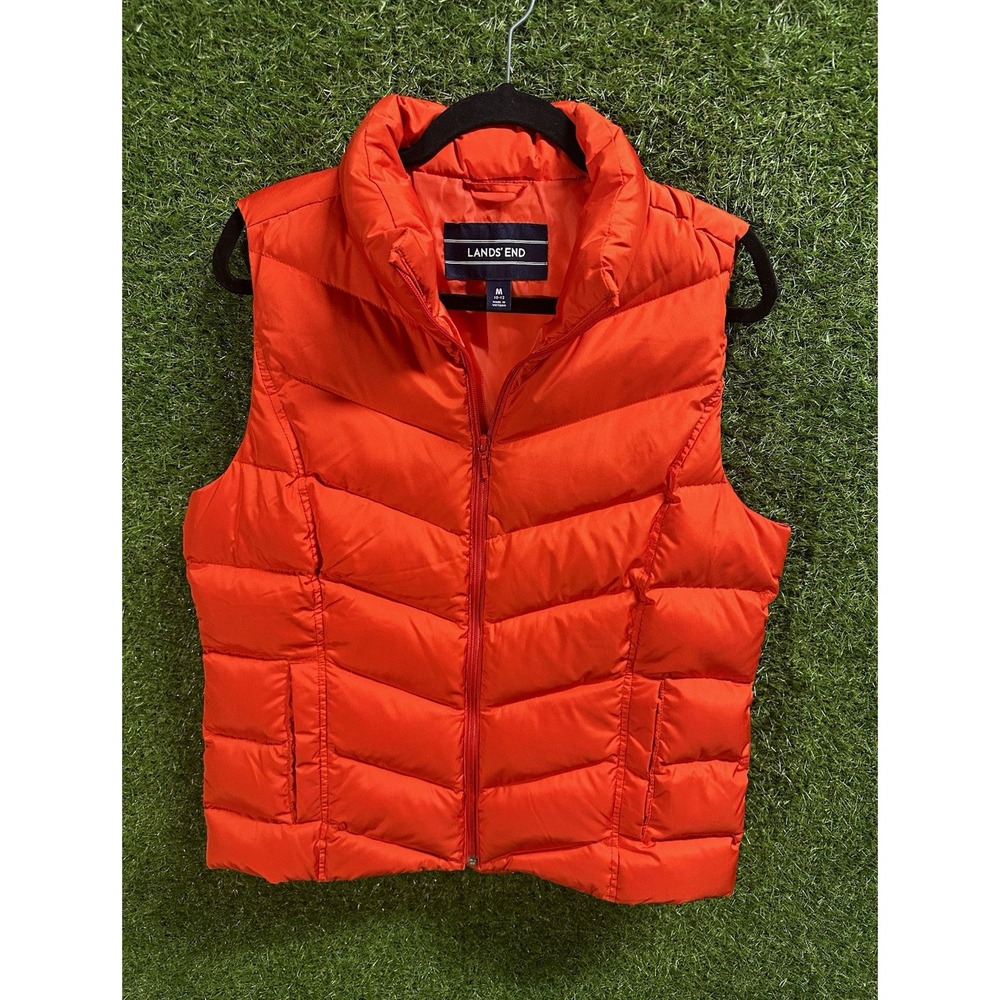Lands' End Unisex Kids Orange Puffer Vest Full Zip Polyester Size M 10-12